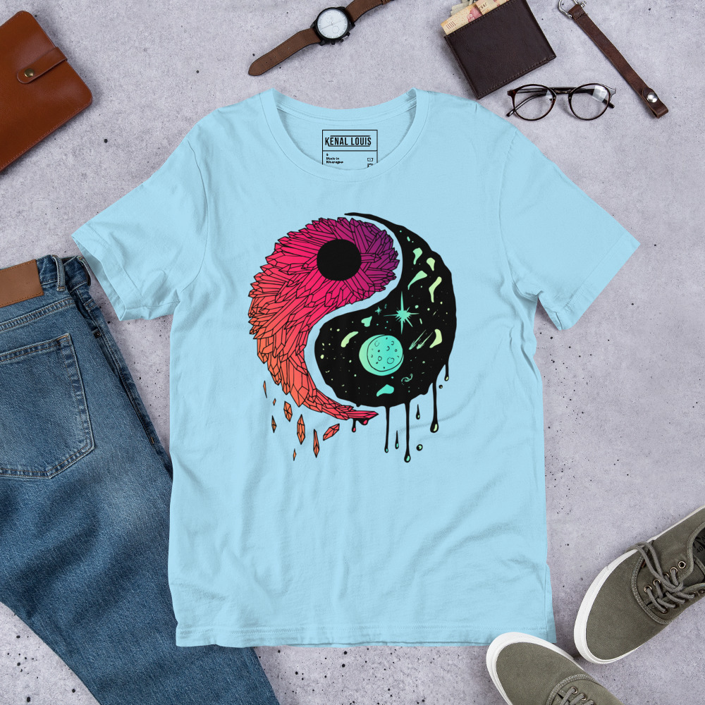 Blue Red Blend Yin Yang Crystals and Night Sky - Yin Yang T-shirt - Image 7
