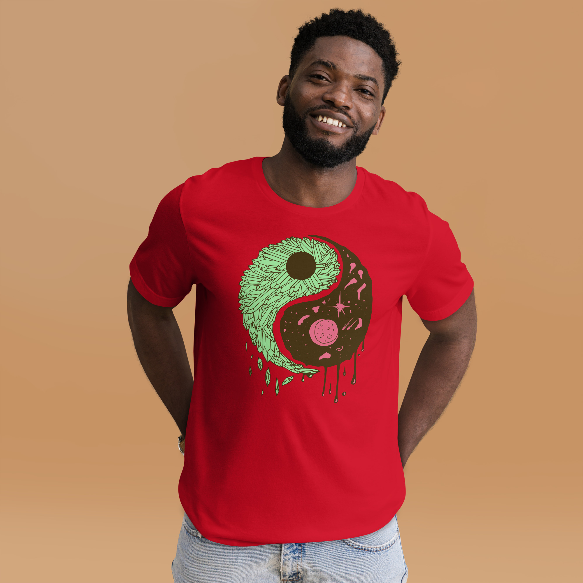 Pink and Green Yin Yang Crystals and Night Sky - Yin Yang T-shirt - Image 2
