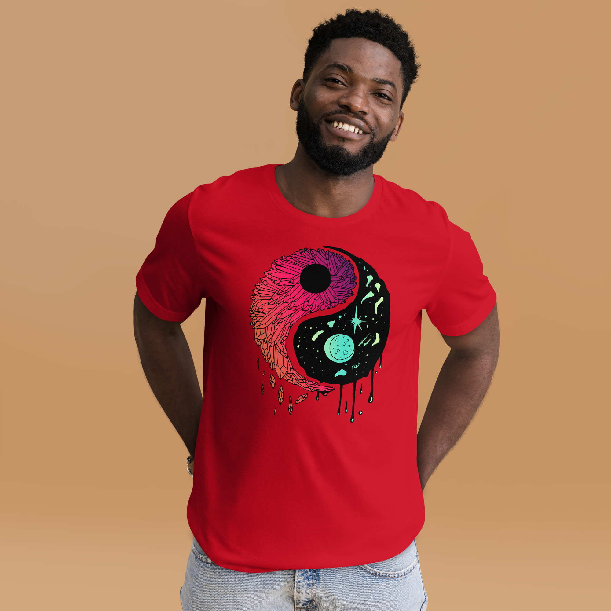 Blue Red Blend Yin Yang Crystals and Night Sky - Yin Yang T-shirt - Image 2