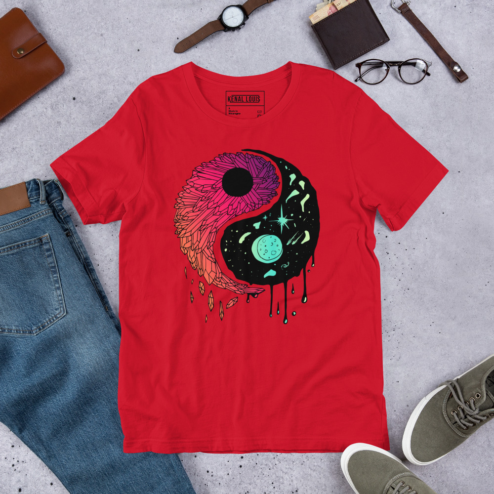 Blue Red Blend Yin Yang Crystals and Night Sky - Yin Yang T-shirt - Image 4