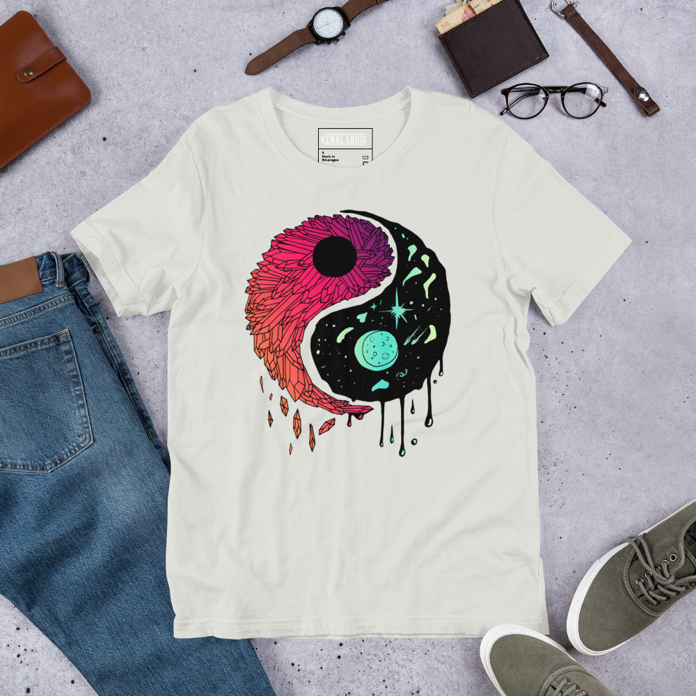 Blue Red Blend Yin Yang Crystals and Night Sky - Yin Yang T-shirt
