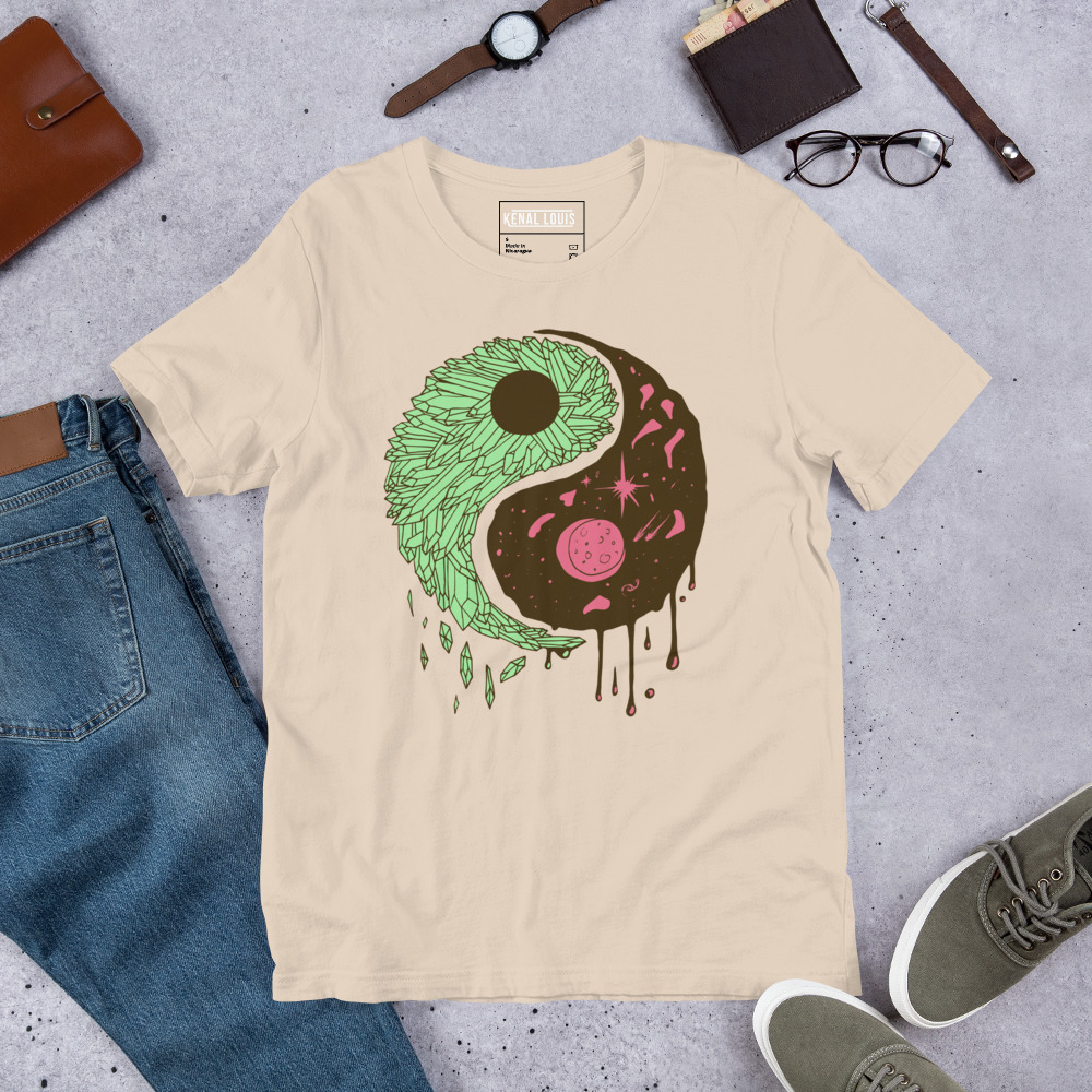 Pink and Green Yin Yang Crystals and Night Sky - Yin Yang T-shirt - Image 8
