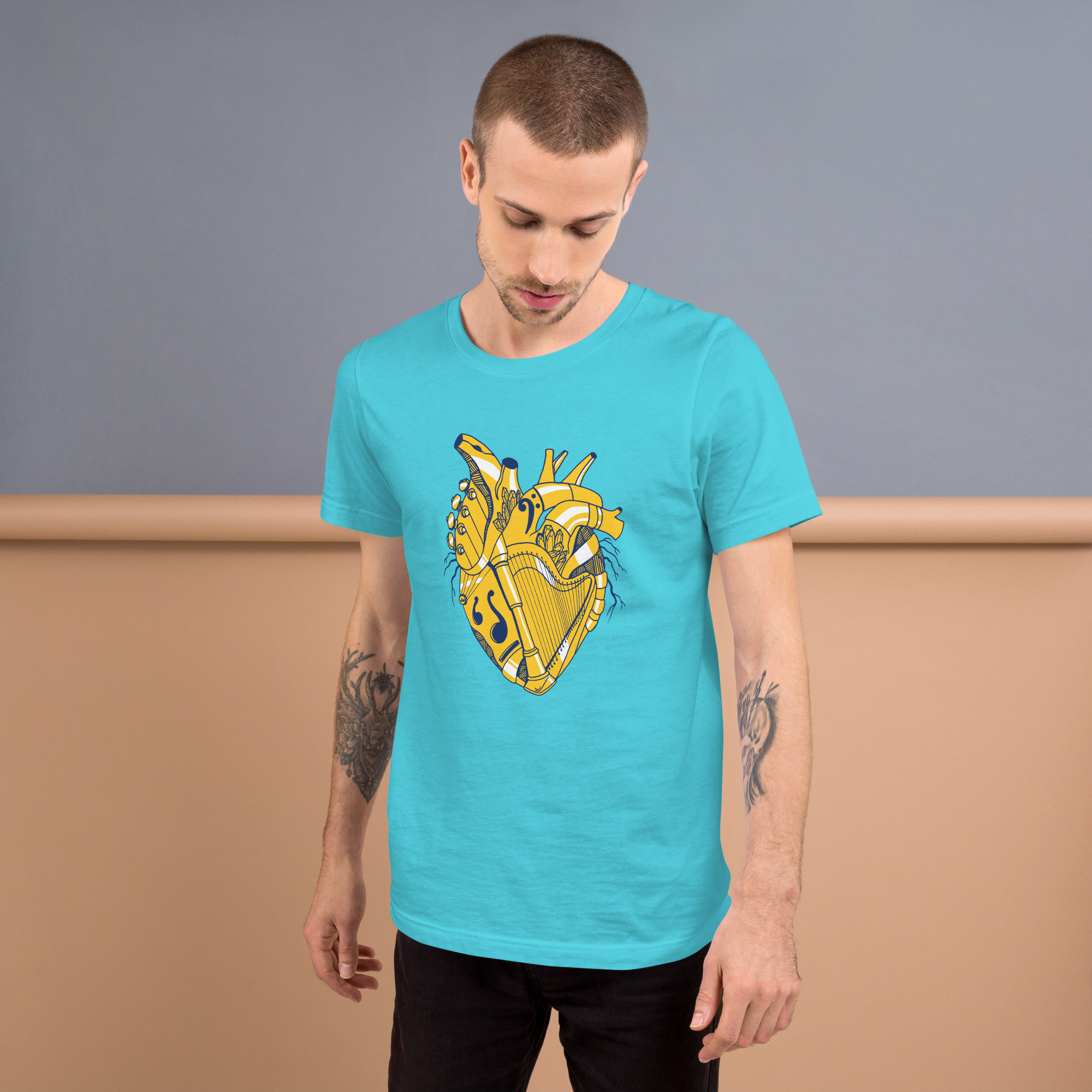 Navy Yellow Musical Heart No. 2 - Human Heart T-shirt - Image 4