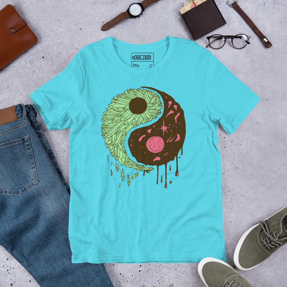Pink and Green Yin Yang Crystals and Night Sky - Yin Yang T-shirt - Image 6