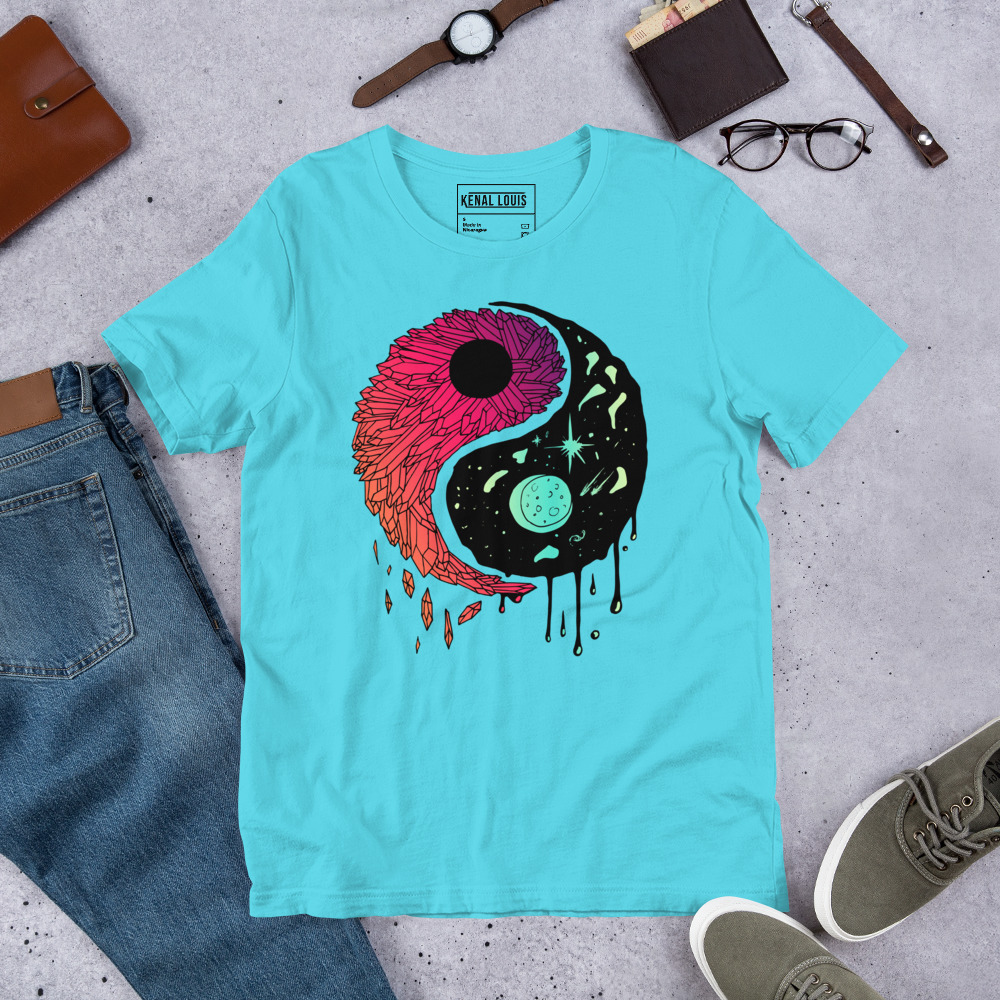 Blue Red Blend Yin Yang Crystals and Night Sky - Yin Yang T-shirt - Image 6