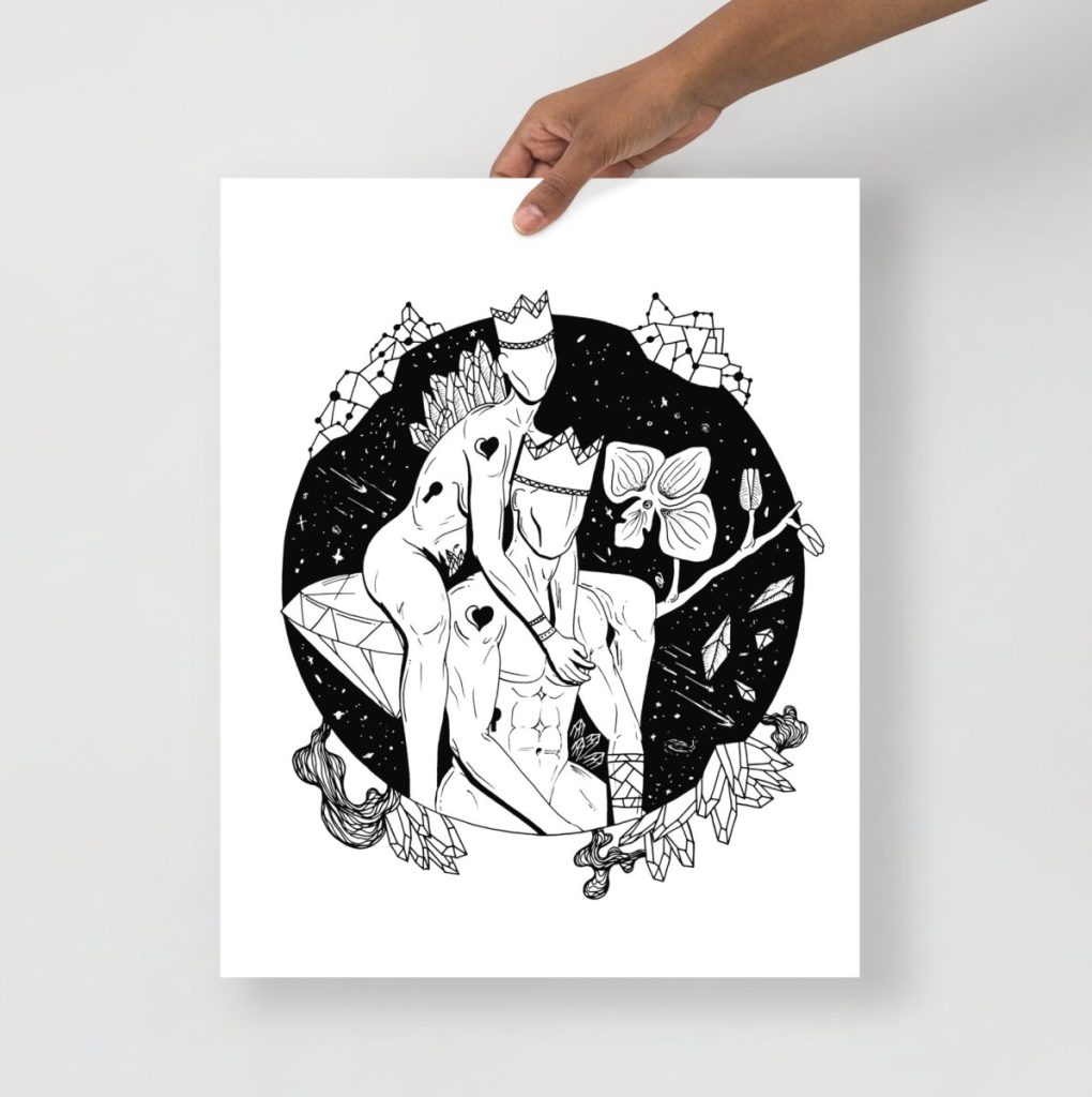 Valentines day art featuring a romantic couple embracing tenderly within a dreamy cosmic space setting
