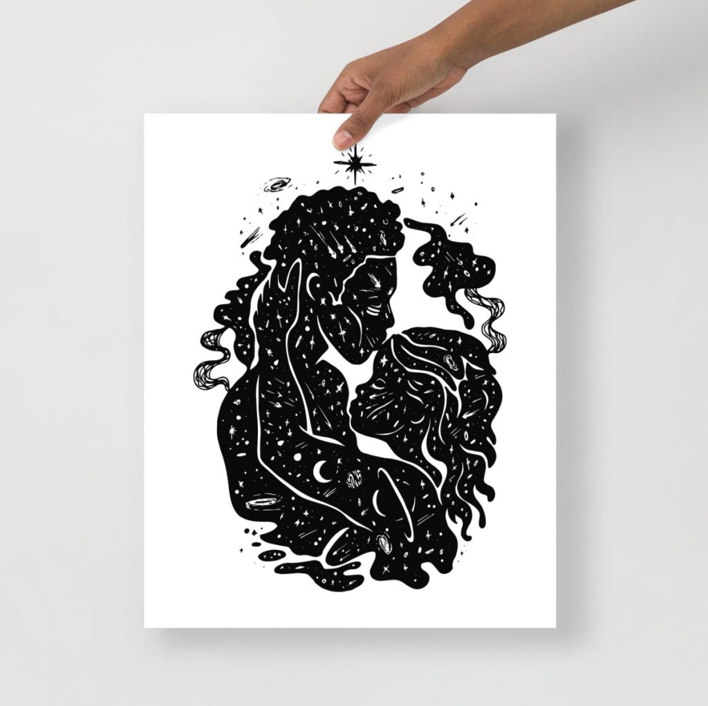 Black love valentines day art print capturing an intimate cosmic kiss between two lovers