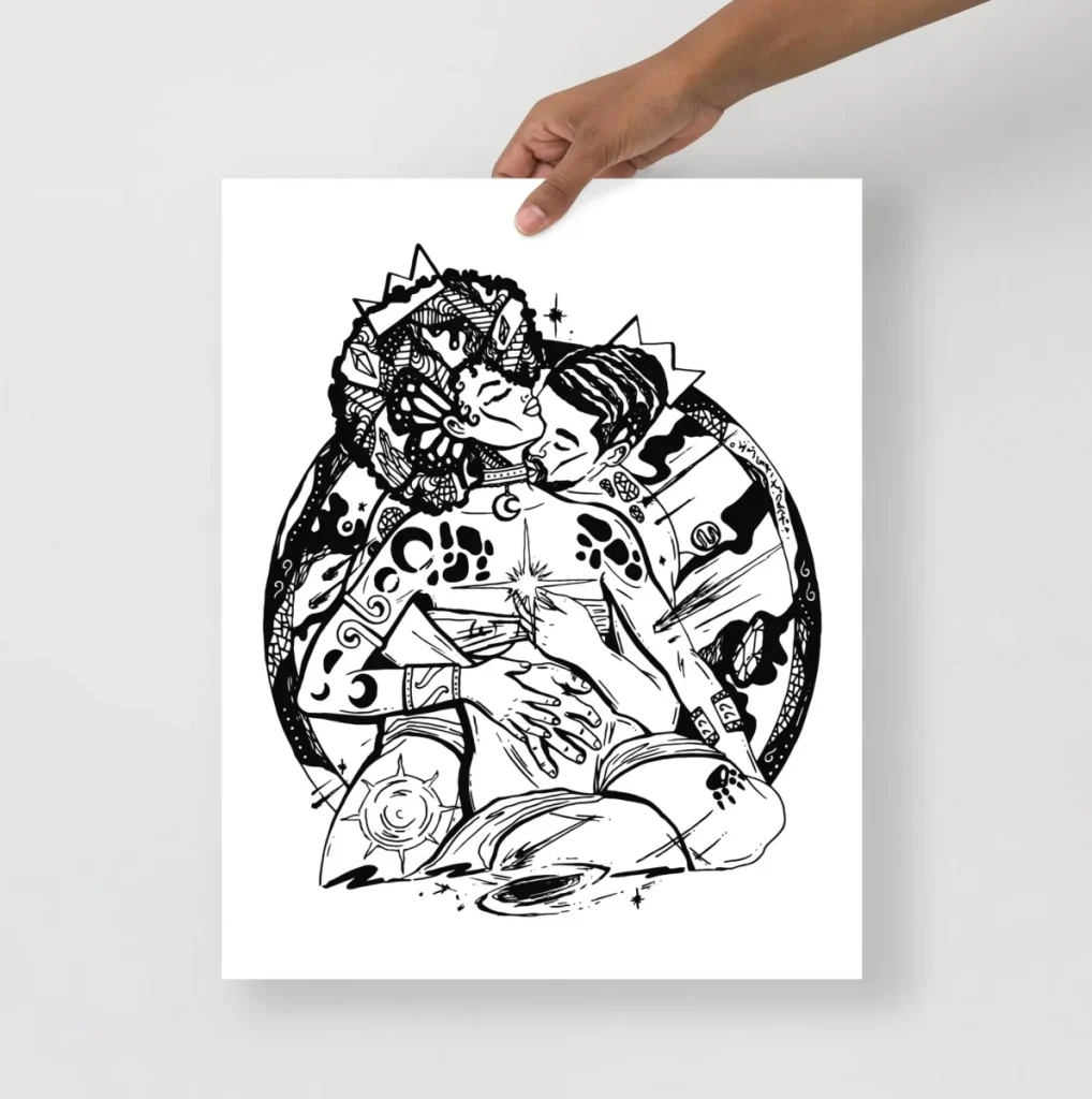 Couple surrounded by swirling universe elements in stunning black love birth artwork print