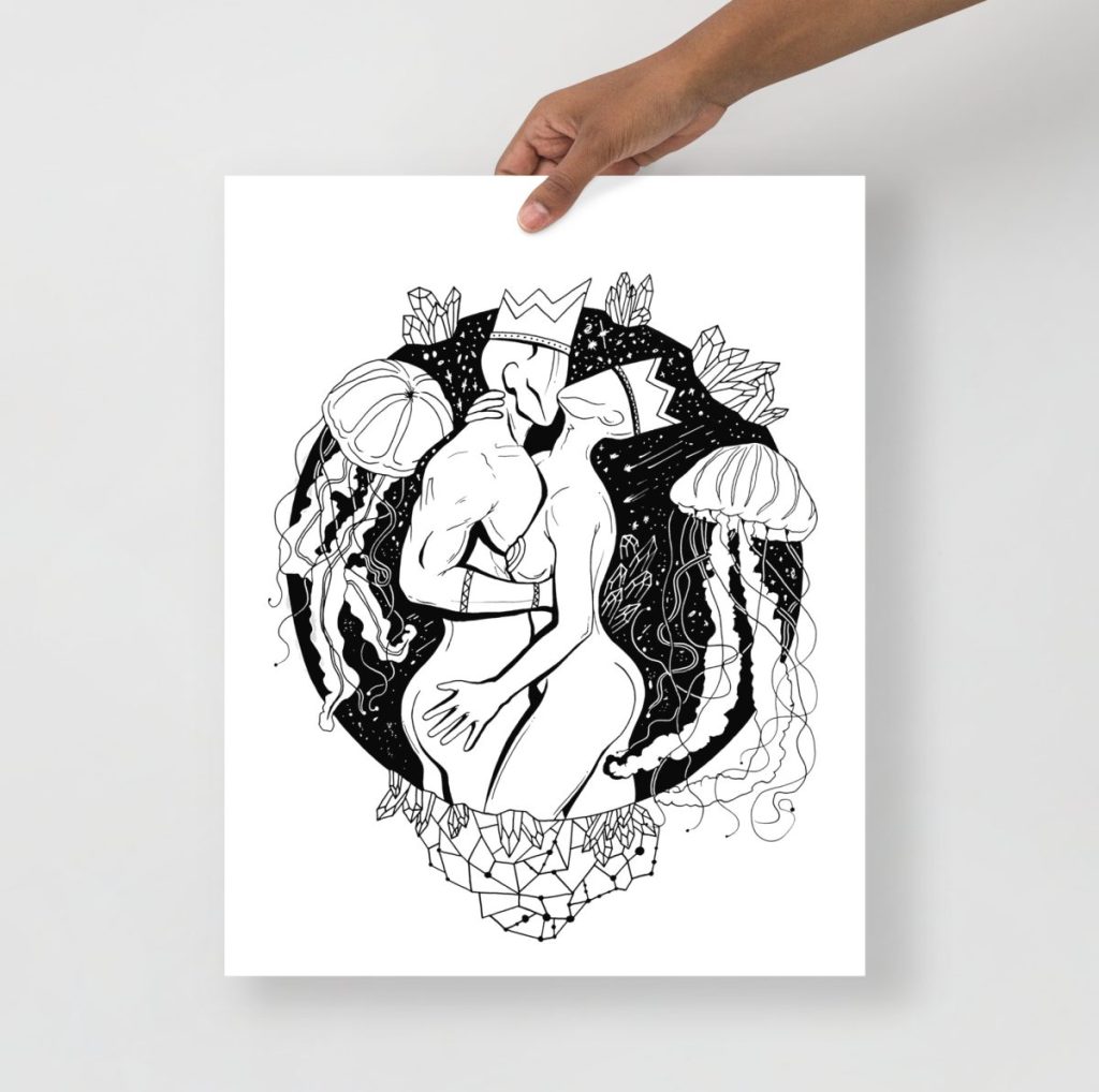 Romantic ink print depicting two lovers entwined in a luminous galactic nebula scene