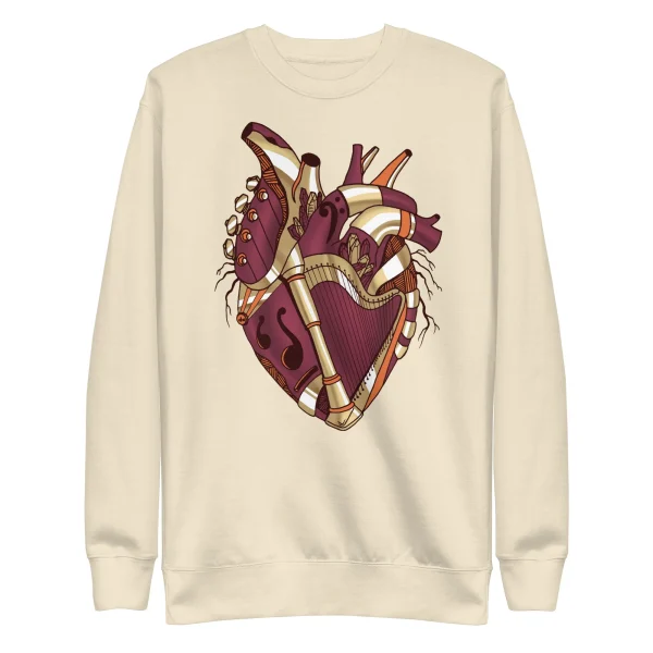 Cream vintage coffee heart sweatshirt featuring an ornate burgundy and gold musical heart graphic on the front.