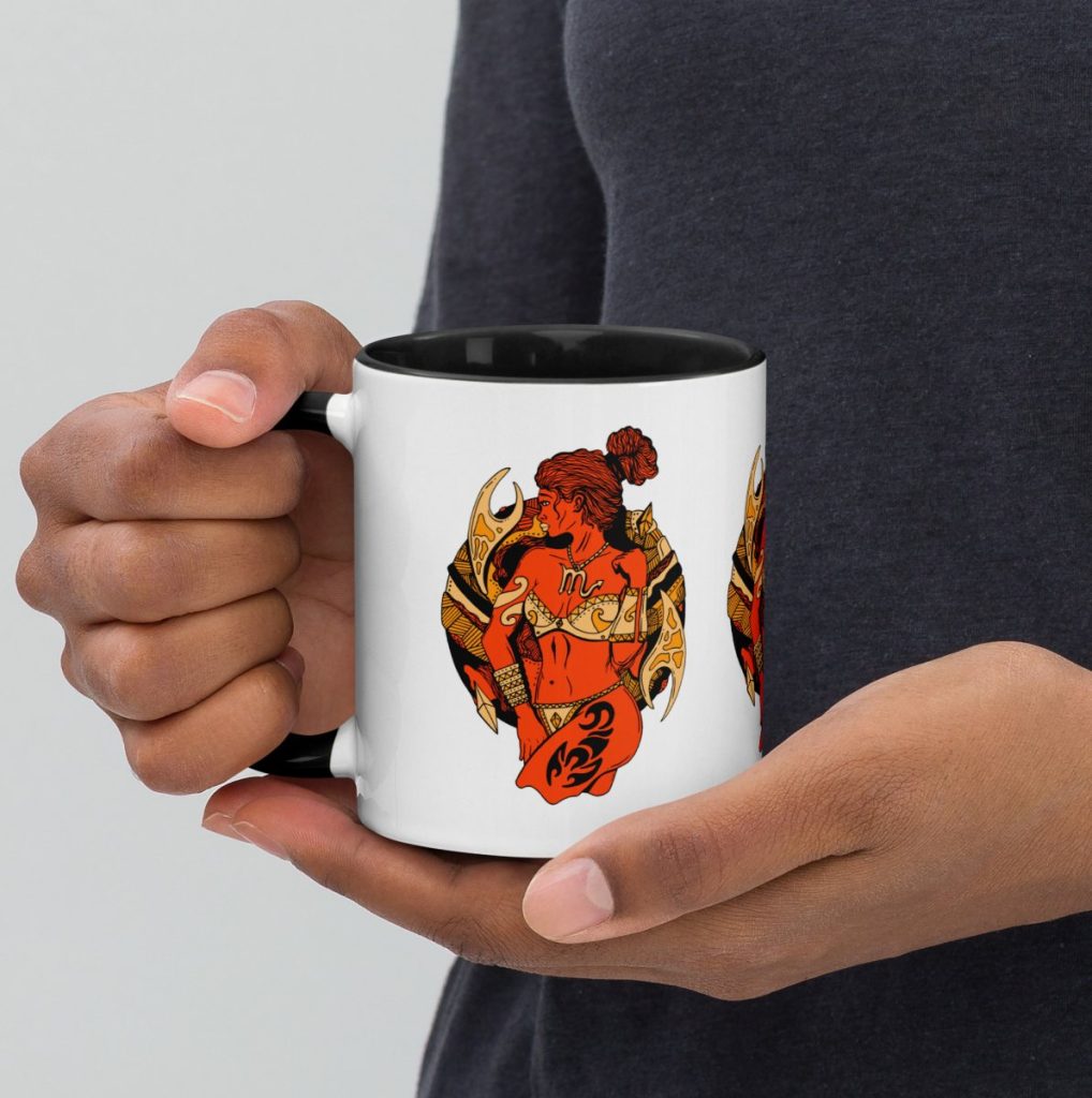 Orange and black scorpio female warrior strength art on bold zodiac mug