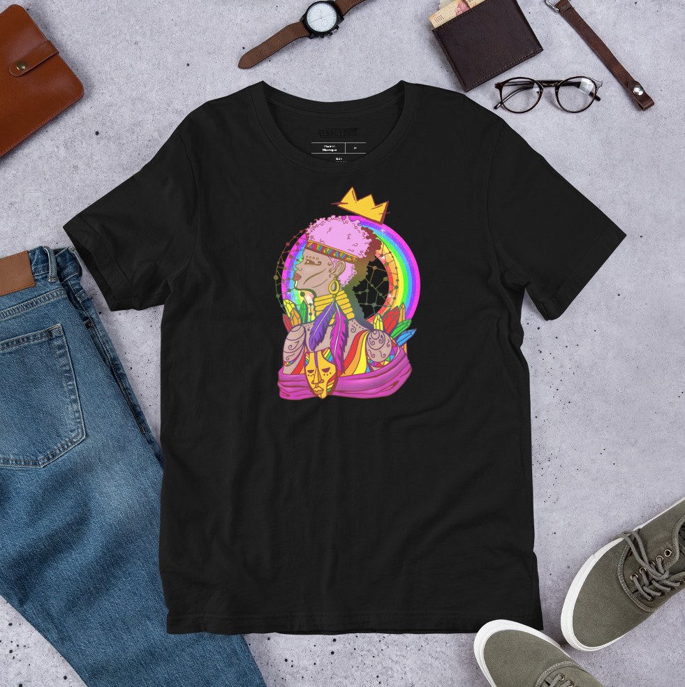 Lesbian pride tribe warrior strength art celebrating community on colorful tee