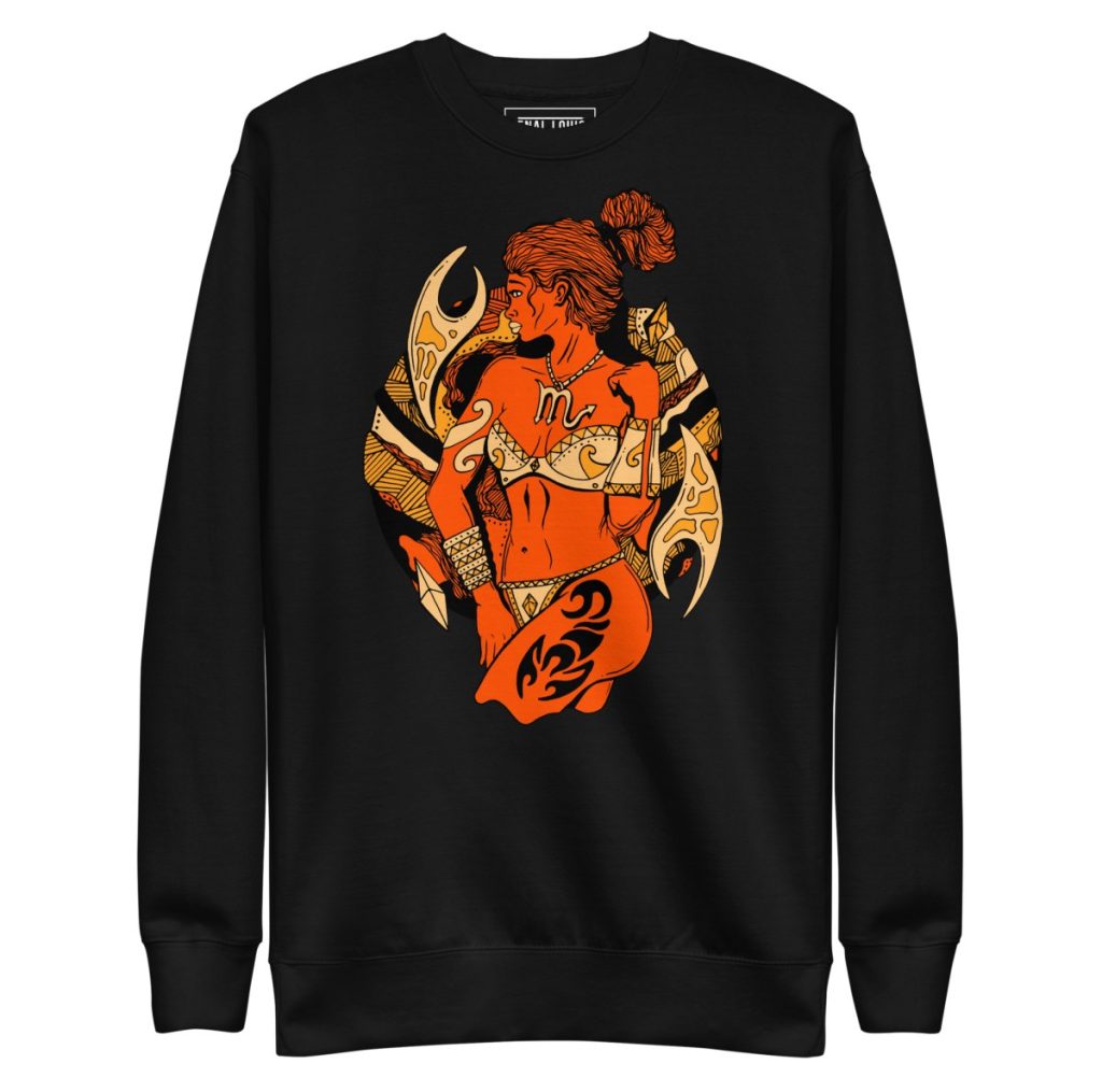 Fierce scorpio warrior woman displayed in striking orange and black sweatshirt