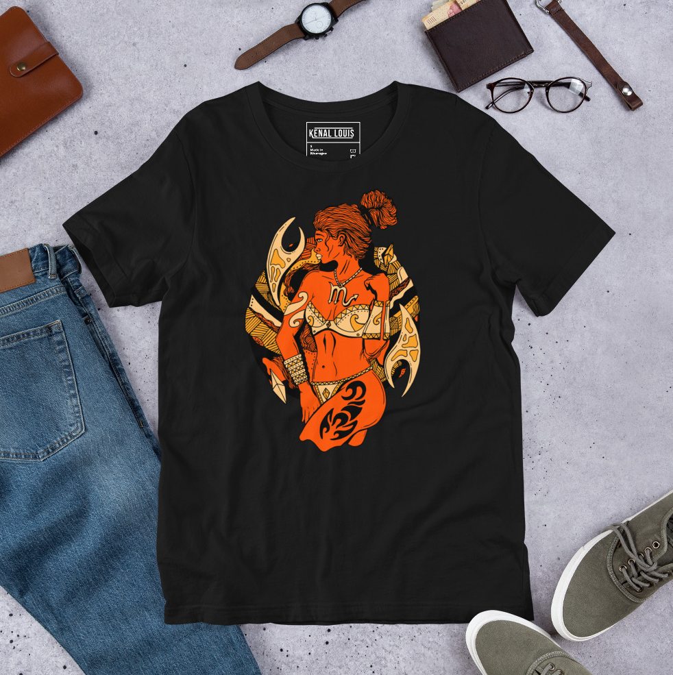 Bold female scorpio warrior strength art on orange and black graphic tee