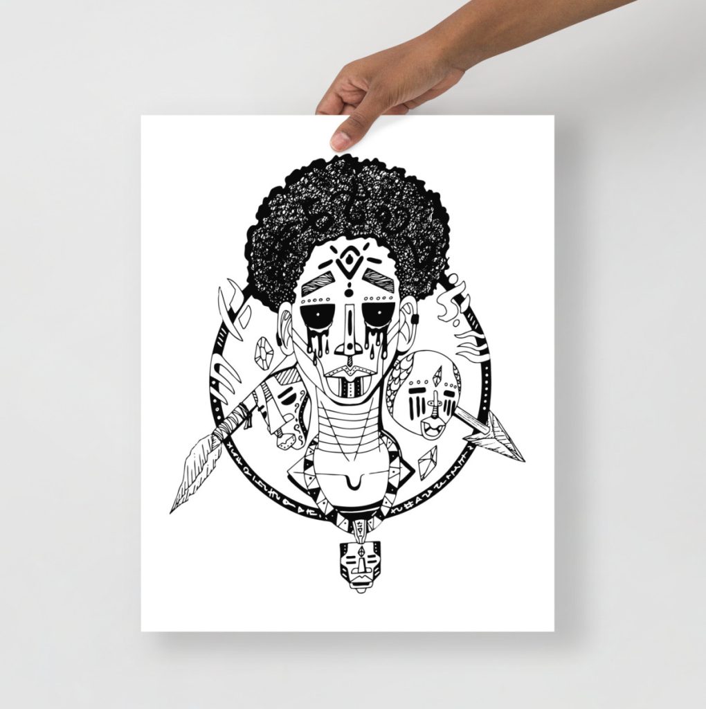 African art print depicting a boy standing bravely between two warring tribes