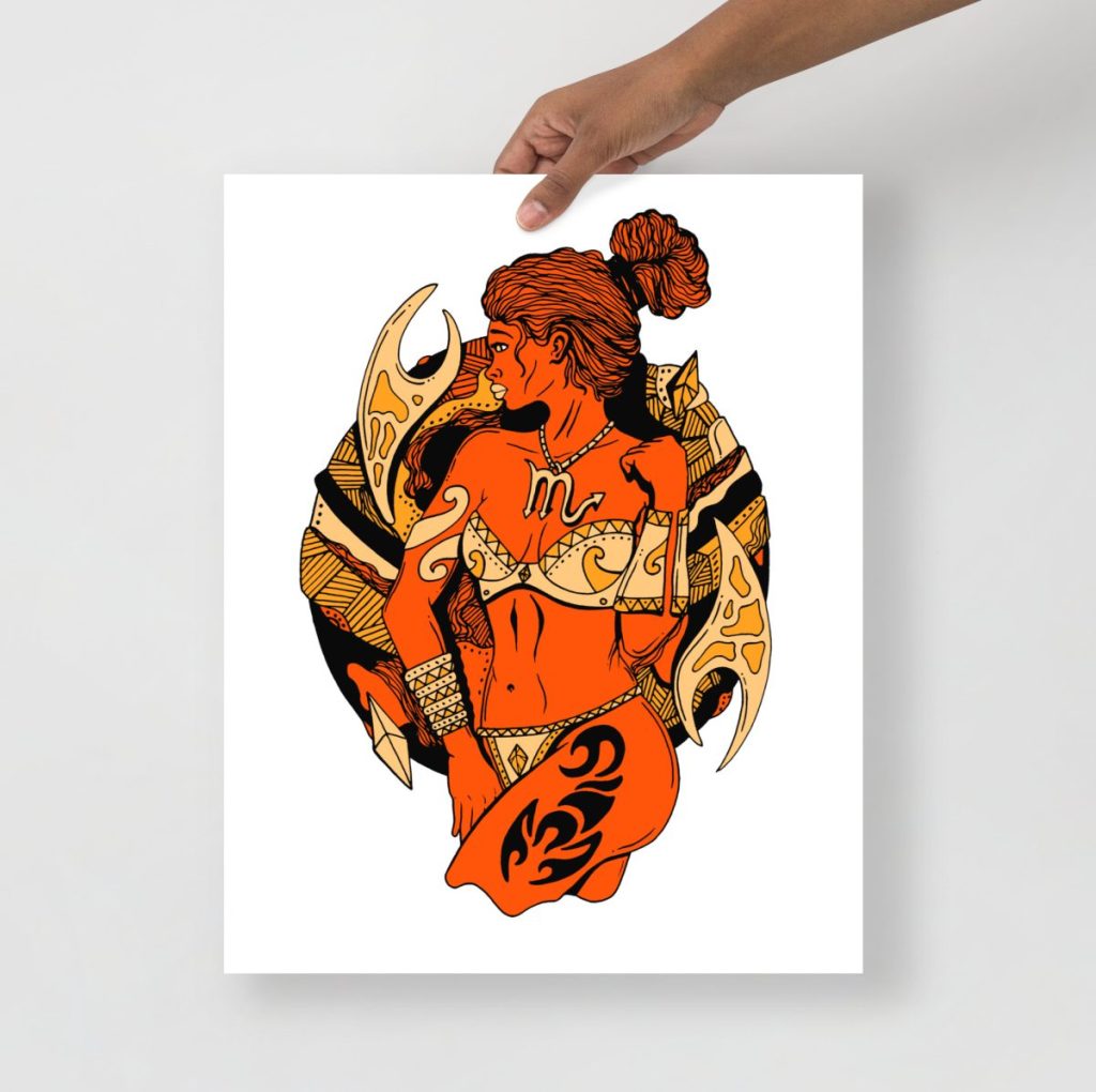 Orange zodiac art print showcasing scorpio warrior strength art for wall decor