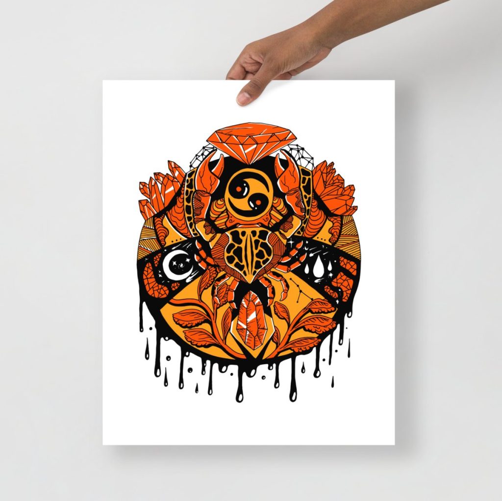 Bold orange water sign zodiac art print featuring mystic Cancer celestial design