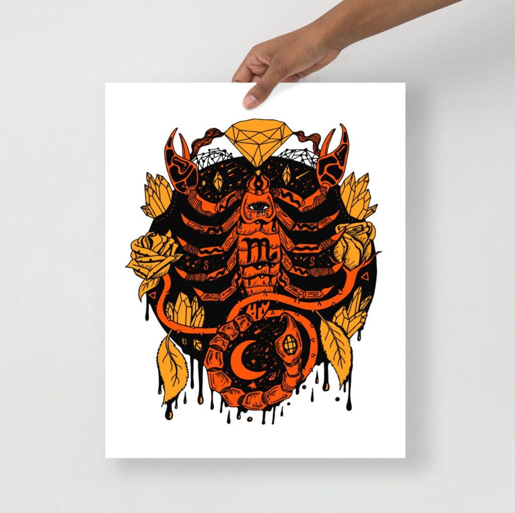 Vibrant orange Scorpio mystic wall art print with bold water sign zodiac art
