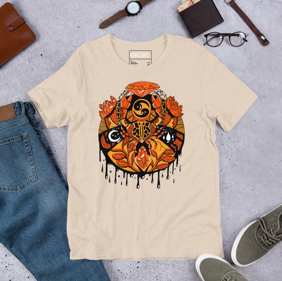 Black and orange Cancer mystic tee showcasing bold zodiac crab graphic design