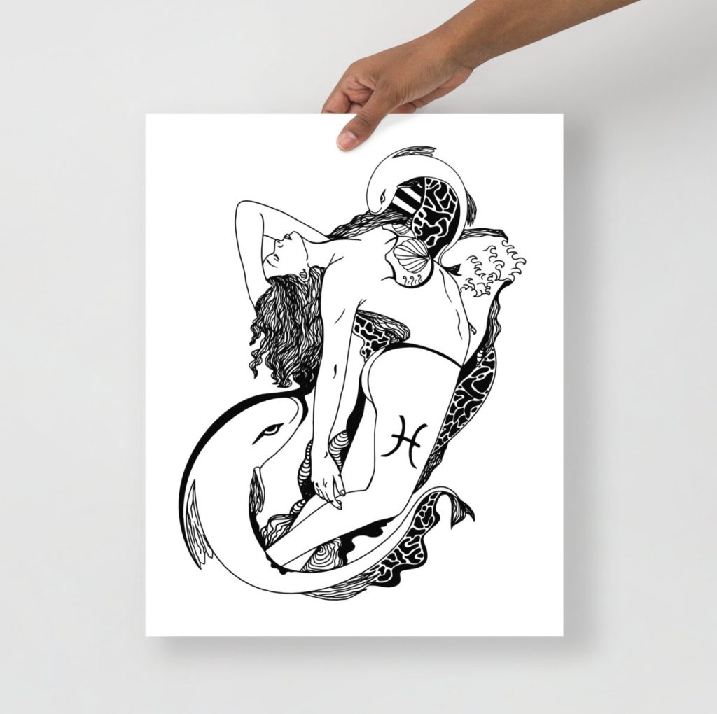 Dreamy Pisces celestial wall art depicting flowing water sign zodiac art motifs