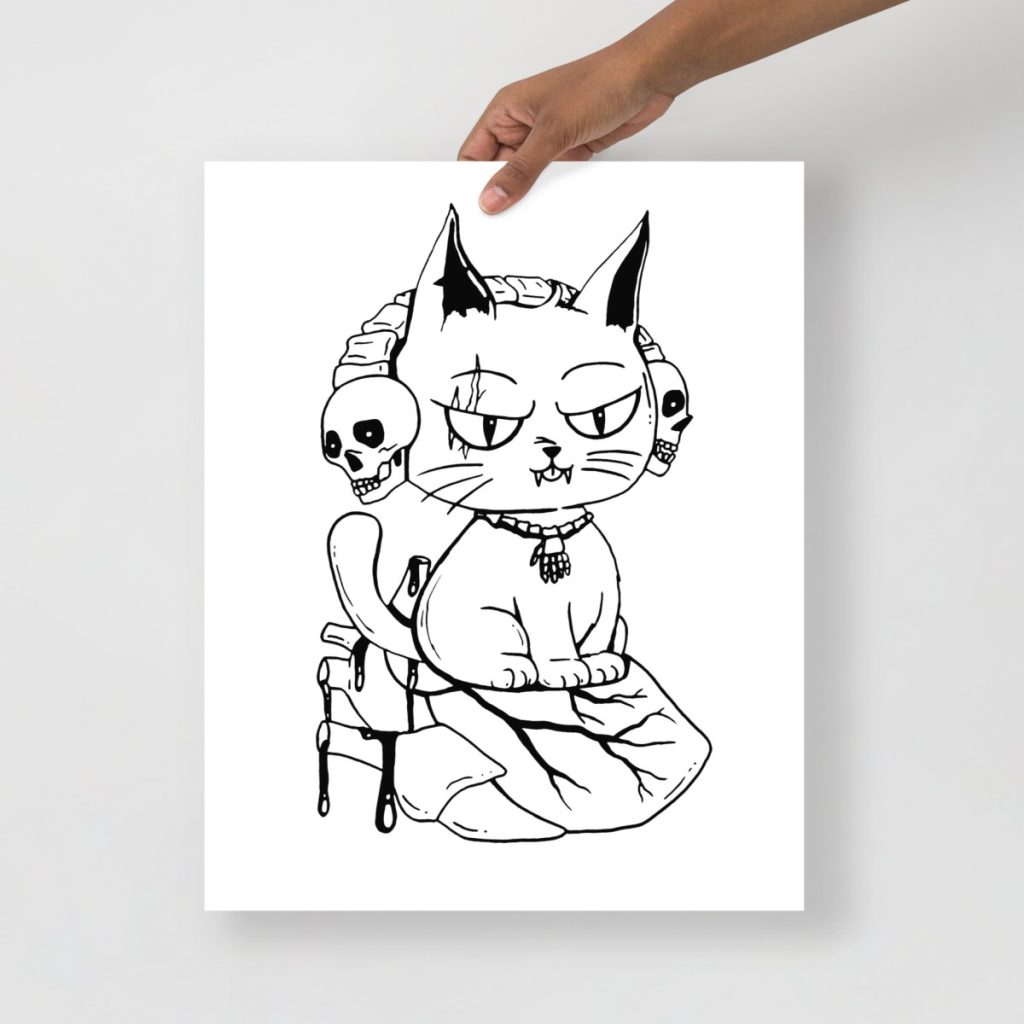 A bold black cat perched playfully on a heart in charming whimsical animal art style
