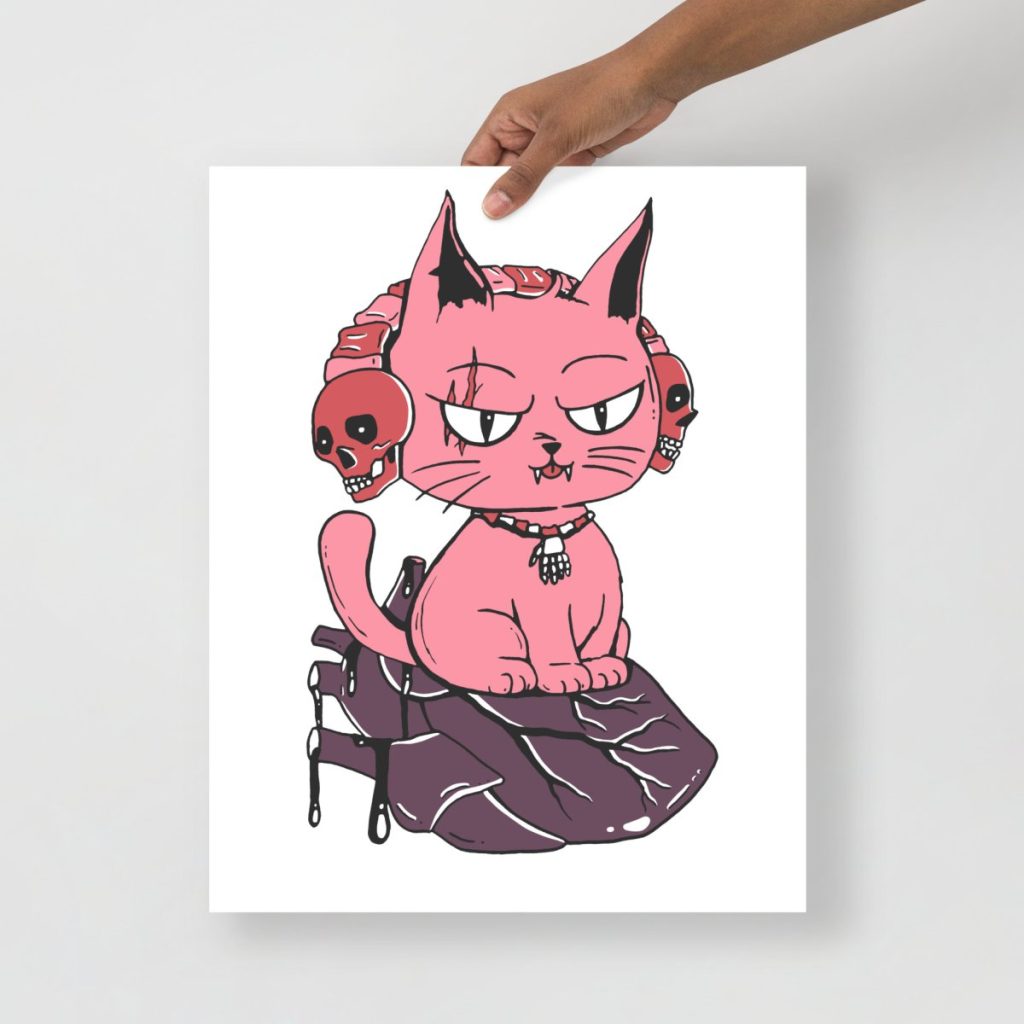 Soft mauve rose cat on a heart bringing romantic whimsical animal art to any room