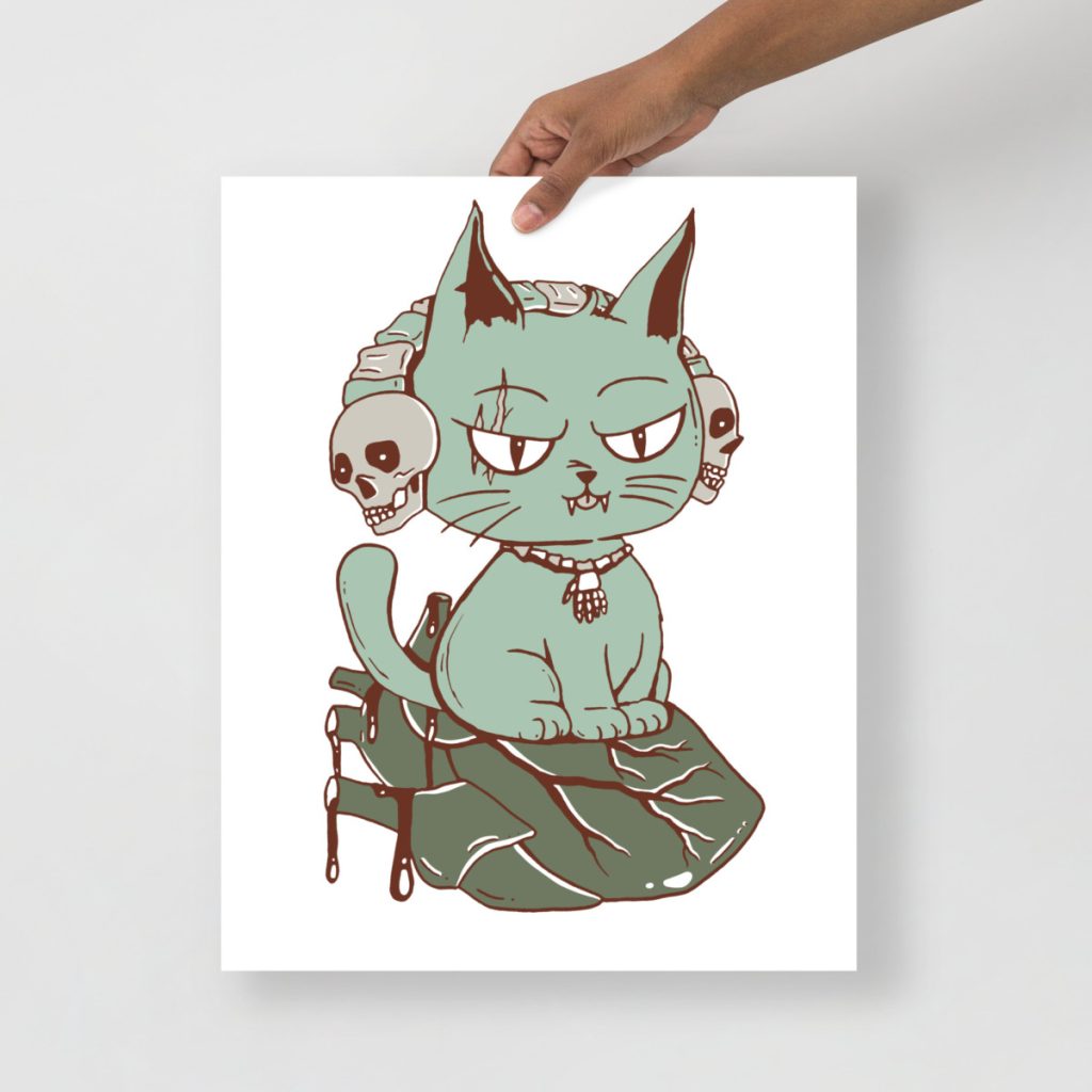 Sage green cat posed on a heart offering a calm nature-inspired feline wall print