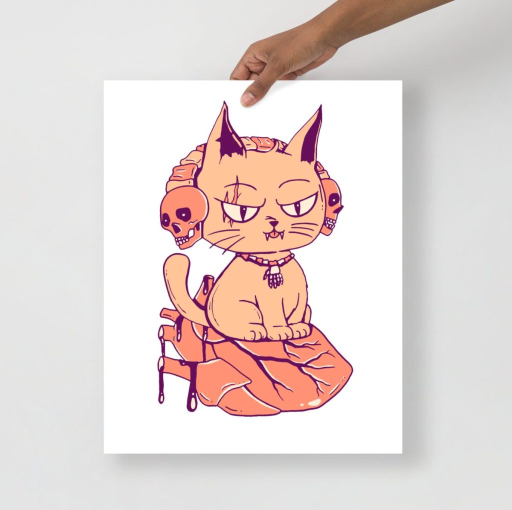 Peachy warm-hued cat sitting on a heart a delightful piece of whimsical creature art