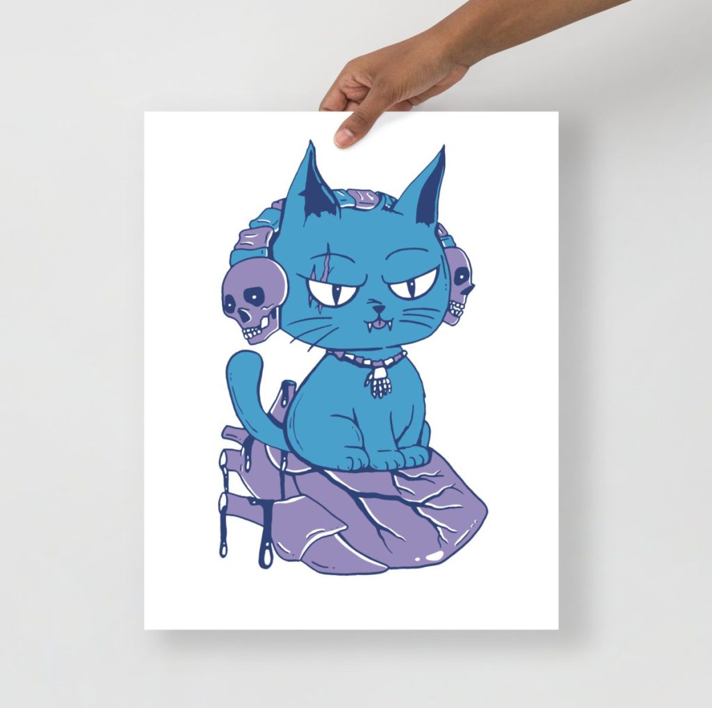 Deep blue wicked cat on a heart makes striking modern feline wall decor art