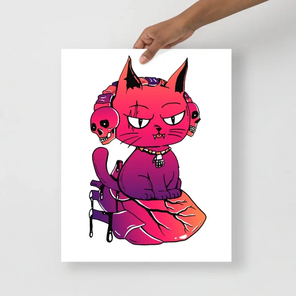 Wicked cat art print featuring a pink and purple mischievous feline perched on a red heart with skull accessories