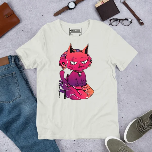 Cream wicked cat t-shirt featuring a pink and purple feline character sitting on a colorful heart with sunset palette design