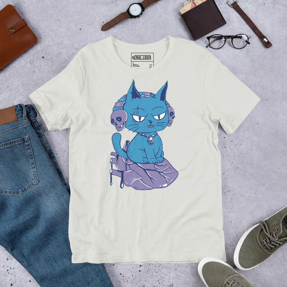 Cream wicked cat t-shirt featuring blue feline graphic sitting on purple heart with skull design
