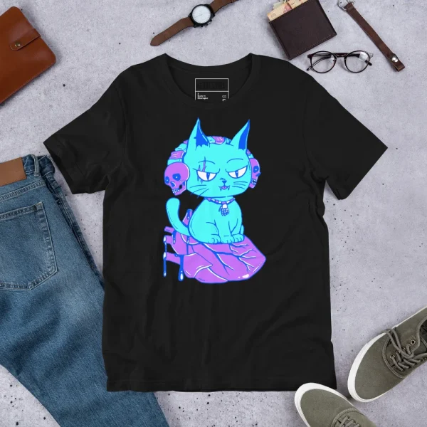 Black wicked cat t-shirt with neon blue and pink cat graphic on heart design, front view