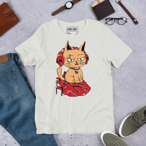 Cream wicked cat t-shirt featuring an orange cat graphic with red heart motif design