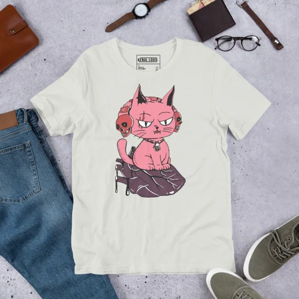 Cream wicked cat t-shirt featuring a mauve rose cat graphic sitting on a heart, displayed flat lay style