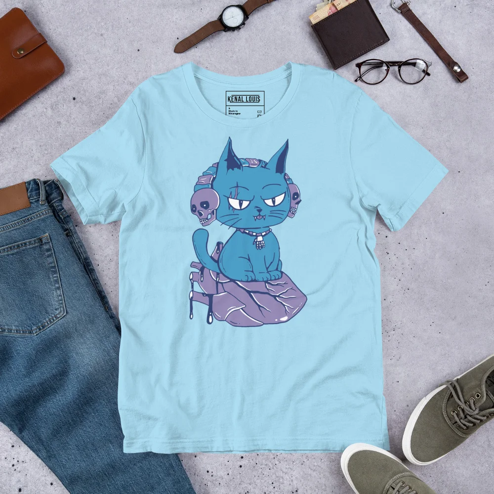 Light blue wicked cat t-shirt featuring a mischievous blue feline sitting on a purple heart with skull accessories