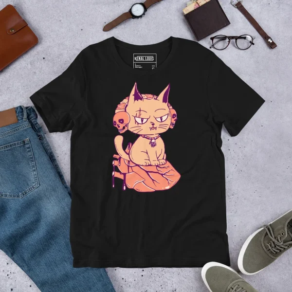 Black wicked cat t-shirt featuring a peach-colored mischievous cat perched on a heart with vibrant pink accents