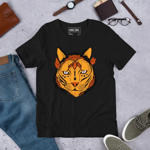 Black wildcat t-shirt with mystical orange and yellow cat face design featuring pointed ears and spiritual markings