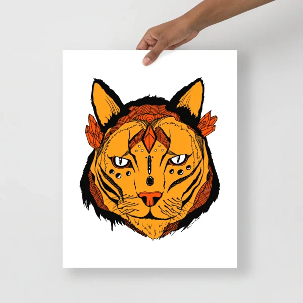 Mystical orange wildcat wall art with black accents and decorative facial markings on white background