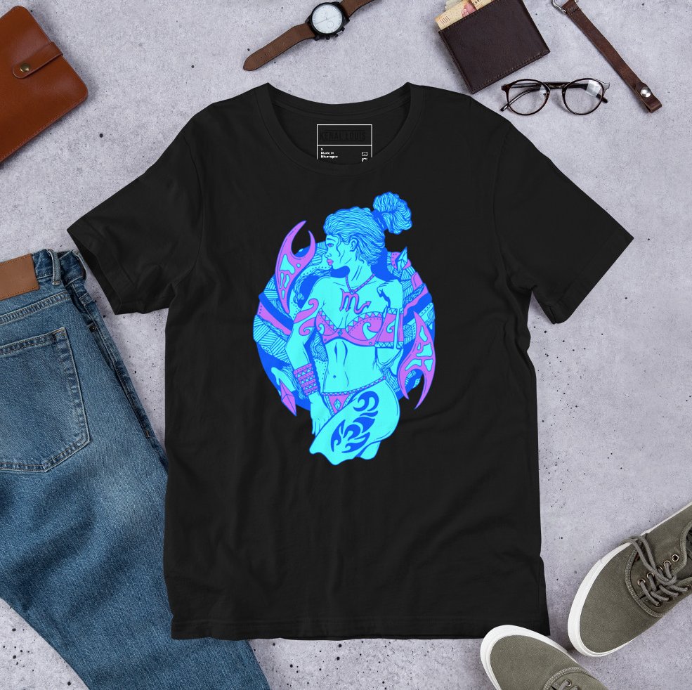 Blue zodiac beauty Scorpio shirt showcasing stunning cosmic artwork for women