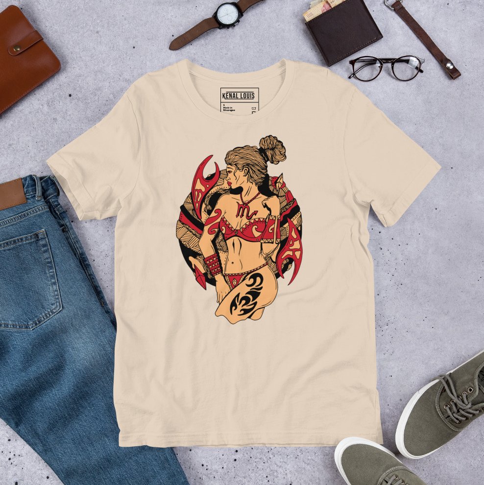 Royal red Scorpio zodiac women's shirt with fierce celestial scorpion artwork