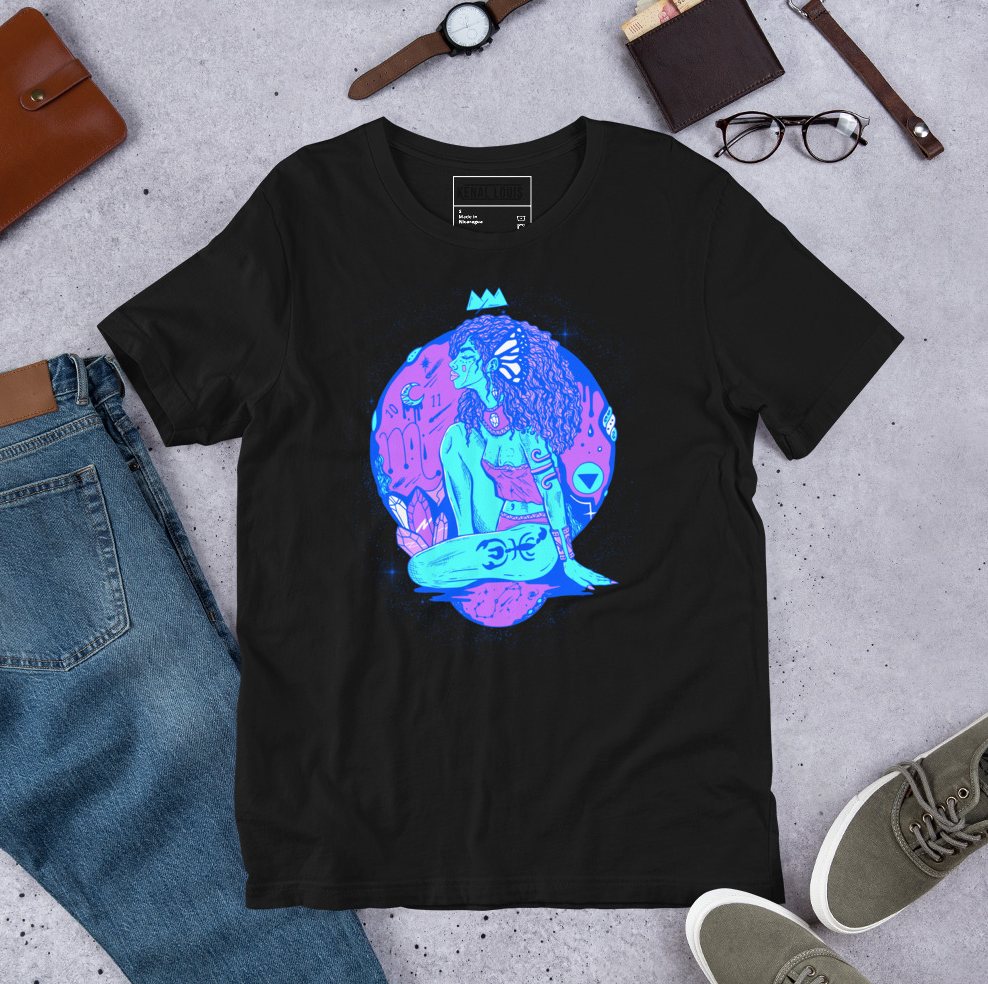 Blue Scorpio goddess shirt featuring powerful celestial woman zodiac artwork