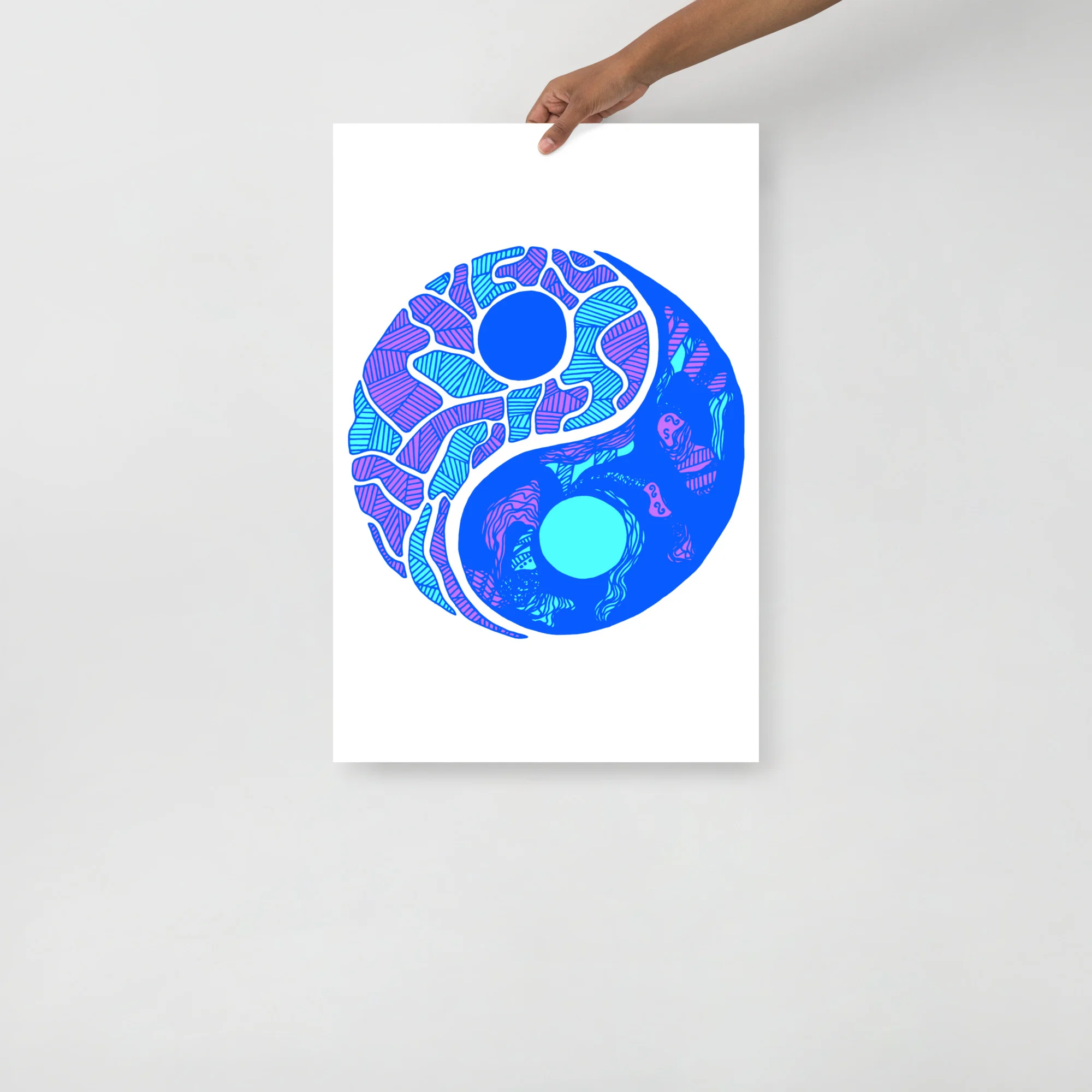 Abstract yin yang art print in vibrant blue and cyan tones with intricate patterned details on white paper