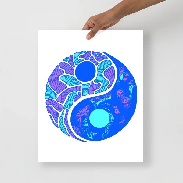 Abstract blue yin yang art print with purple and cyan striped patterns on white background