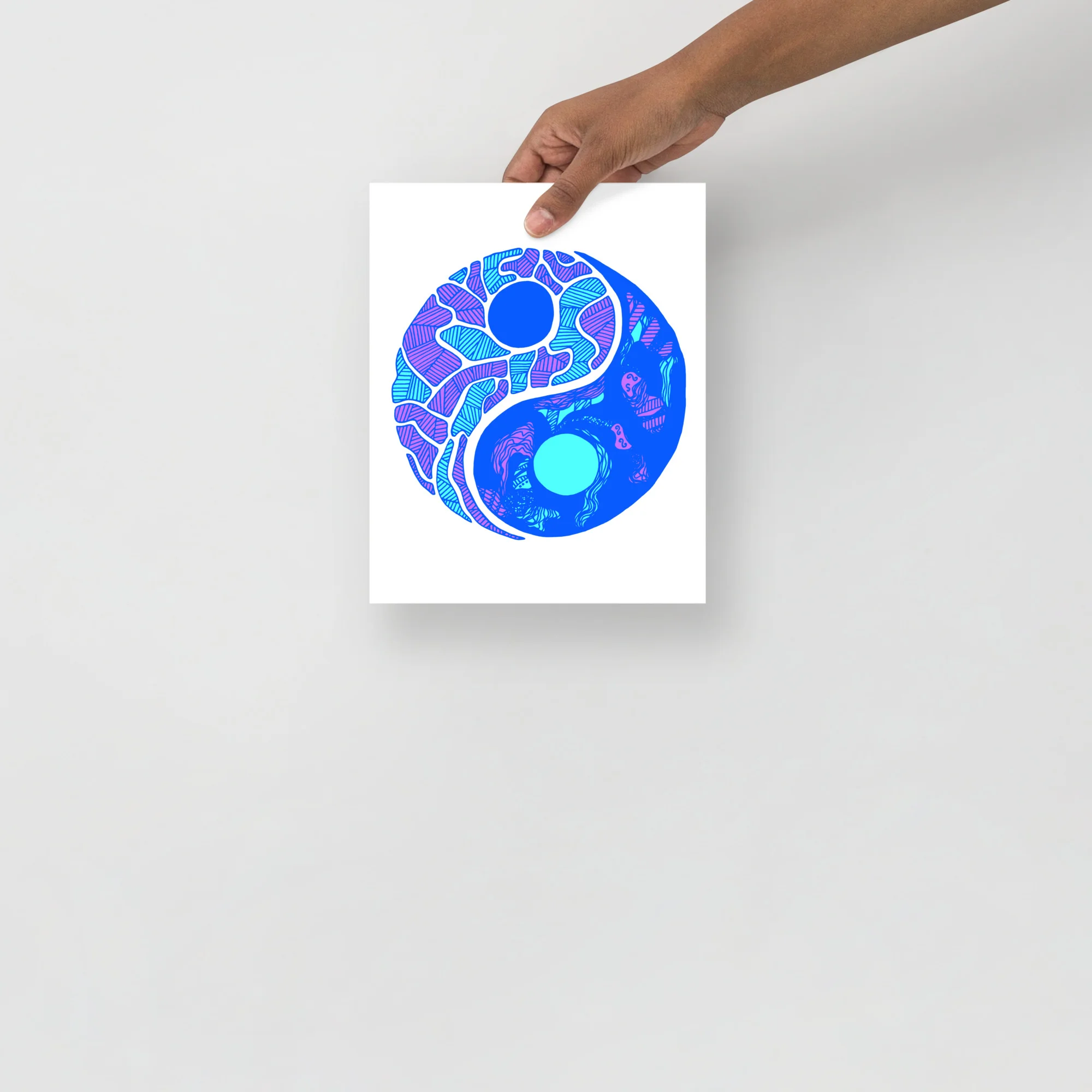 Abstract blue yin yang art print with intricate line patterns and cyan accents on minimalist white paper