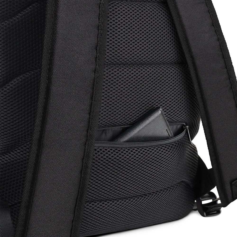 Black yin yang backpack showing zippered pocket detail and mesh material construction