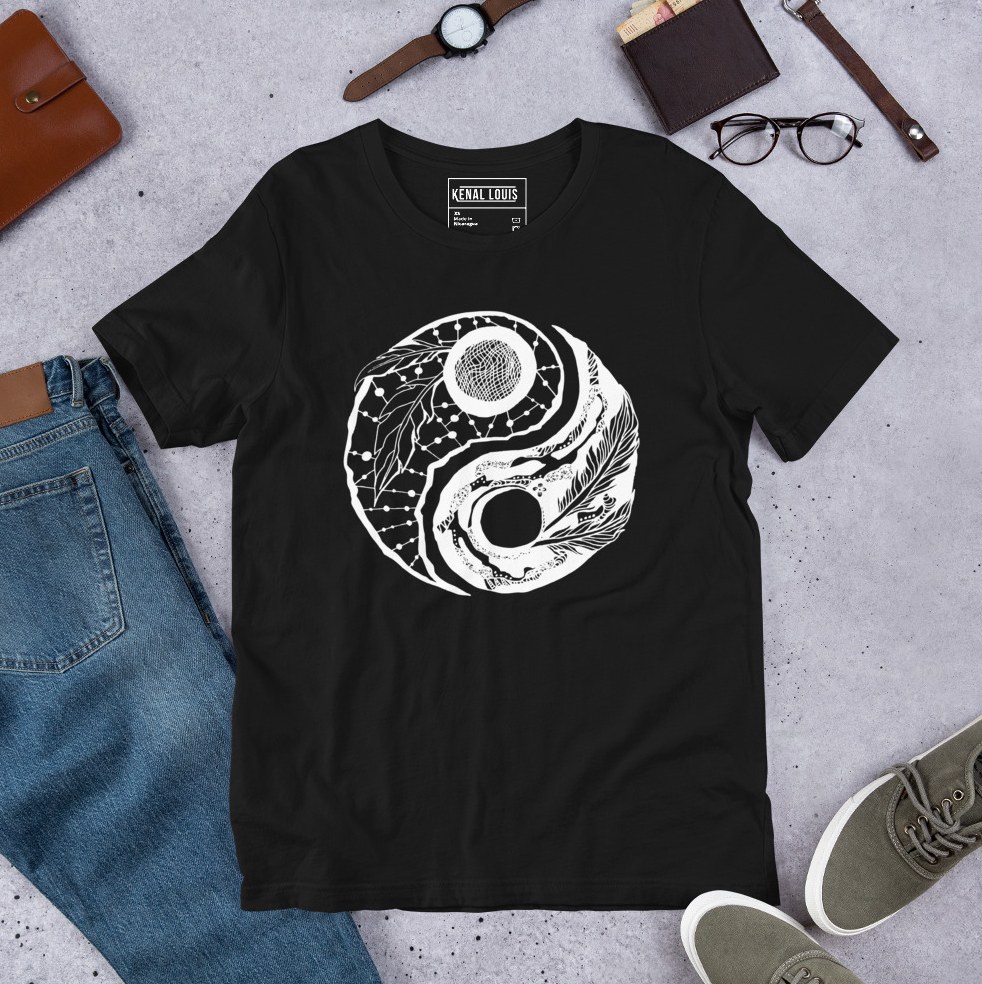 Yin yang collection feathers line art graphic tee with elegant flowing design