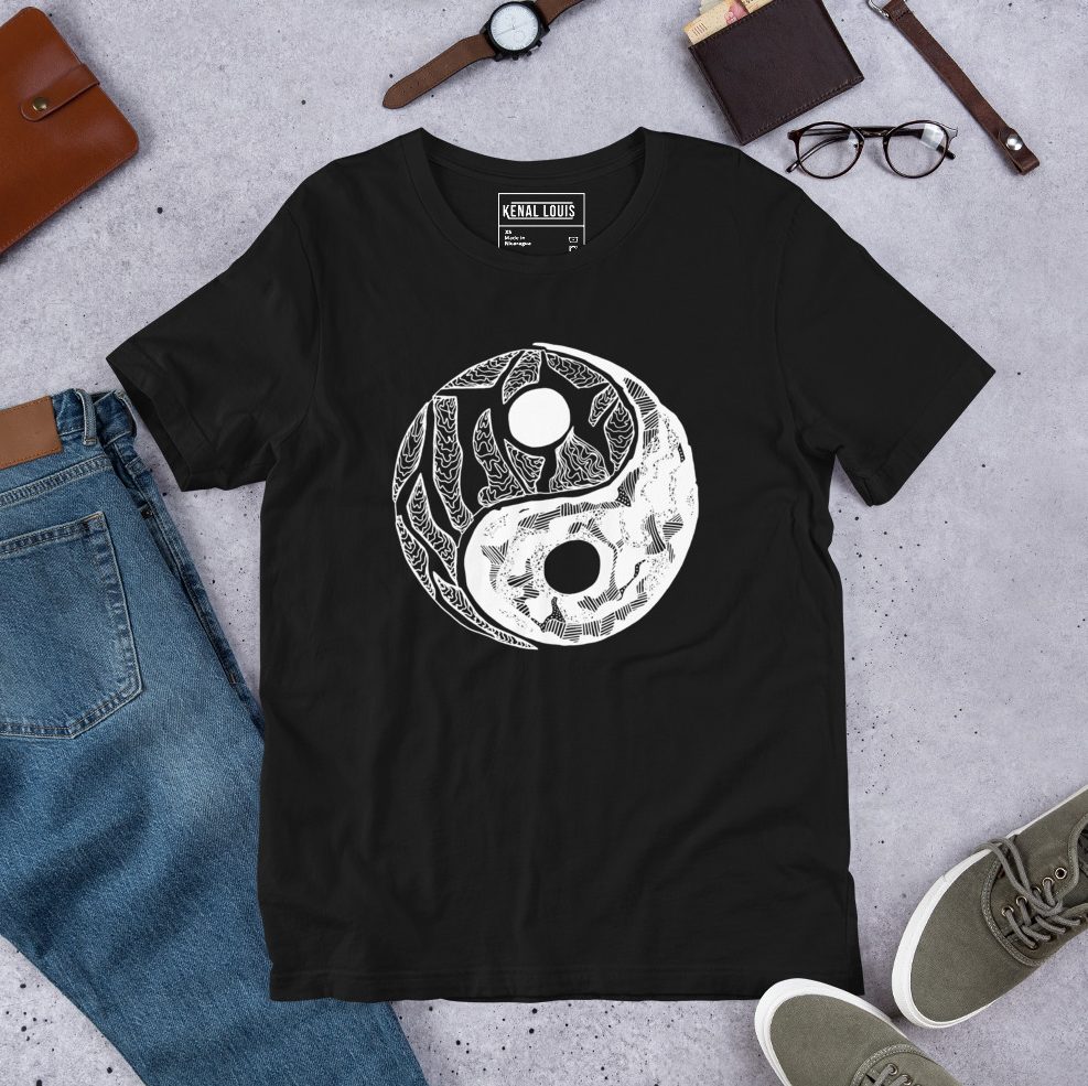 Minimalist circle line art tee featuring bold yin yang symbol artwork