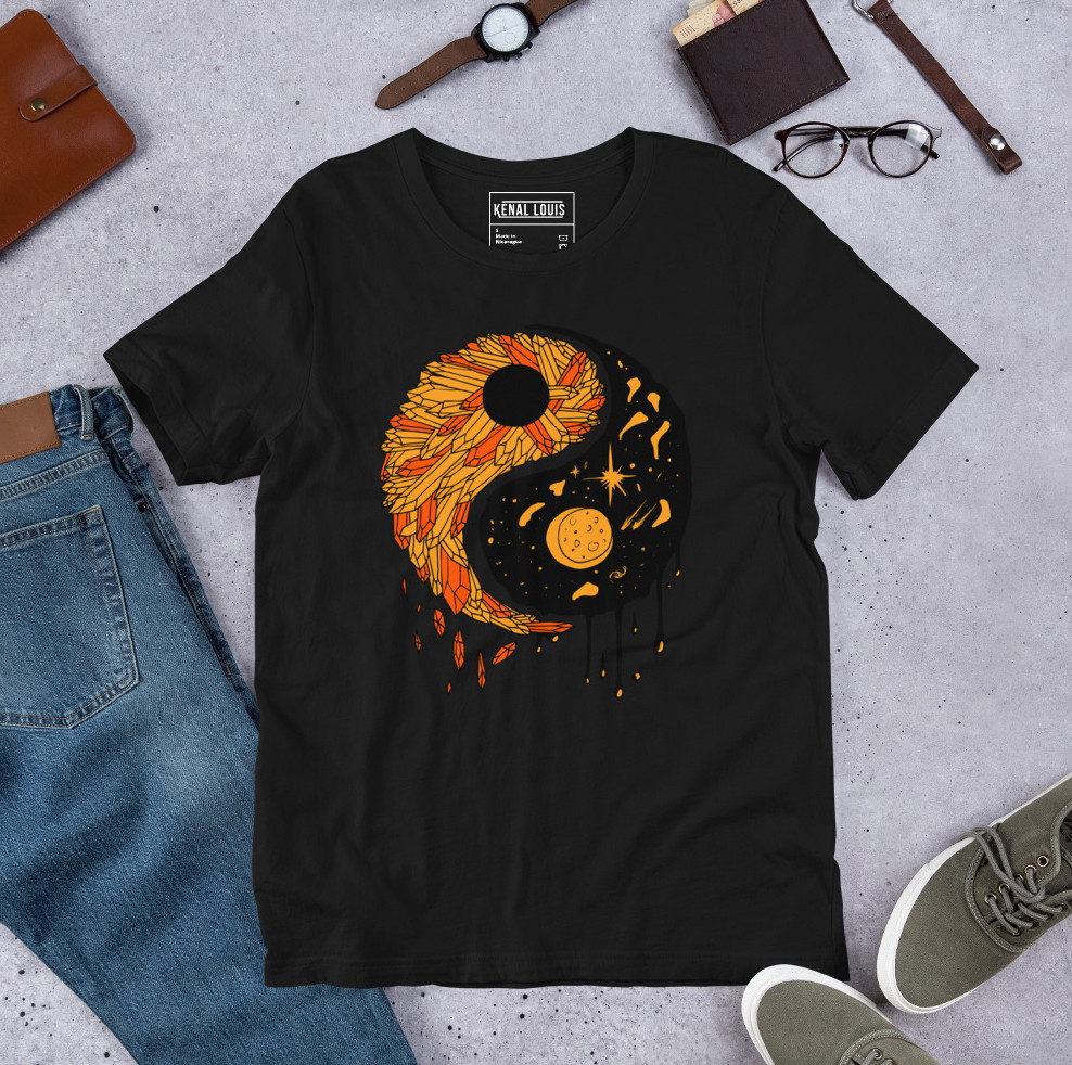 Fall-inspired orange and black graphic tee with bold yin yang artwork