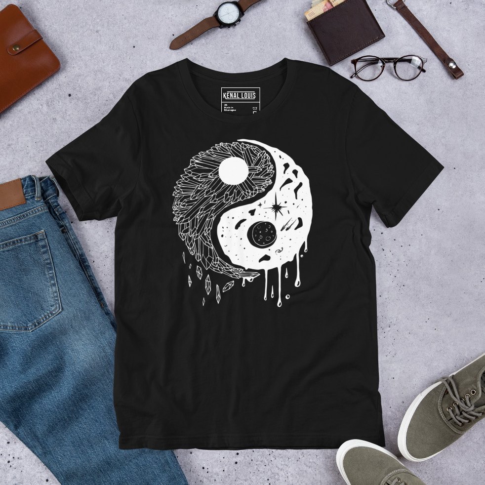 Crystal night sky line art tee with celestial yin yang motif design